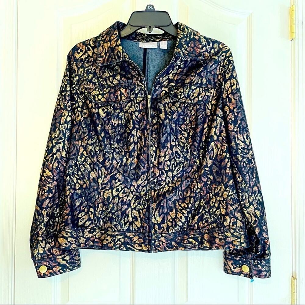 Chico’s Zippered Metallic Jean Jacket Medium‎